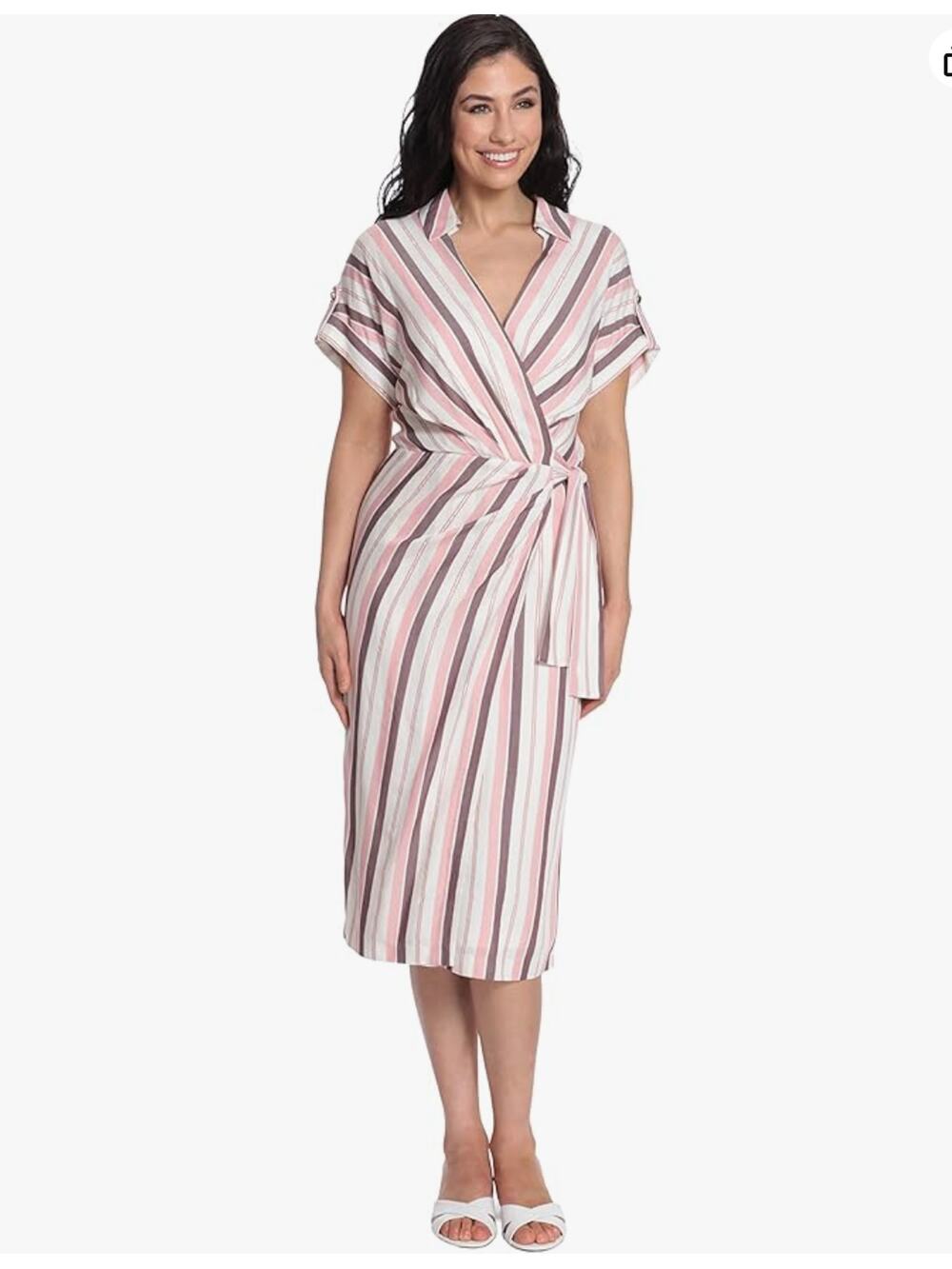 London Times Striped Faux Wrap Collar V-Neck Midi Dress